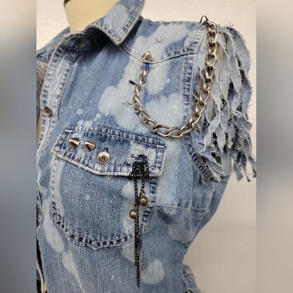Motley Crue Fringed Denim Jean Shirt Vest  Upcycled Rock Couture - Picture 9 of 12